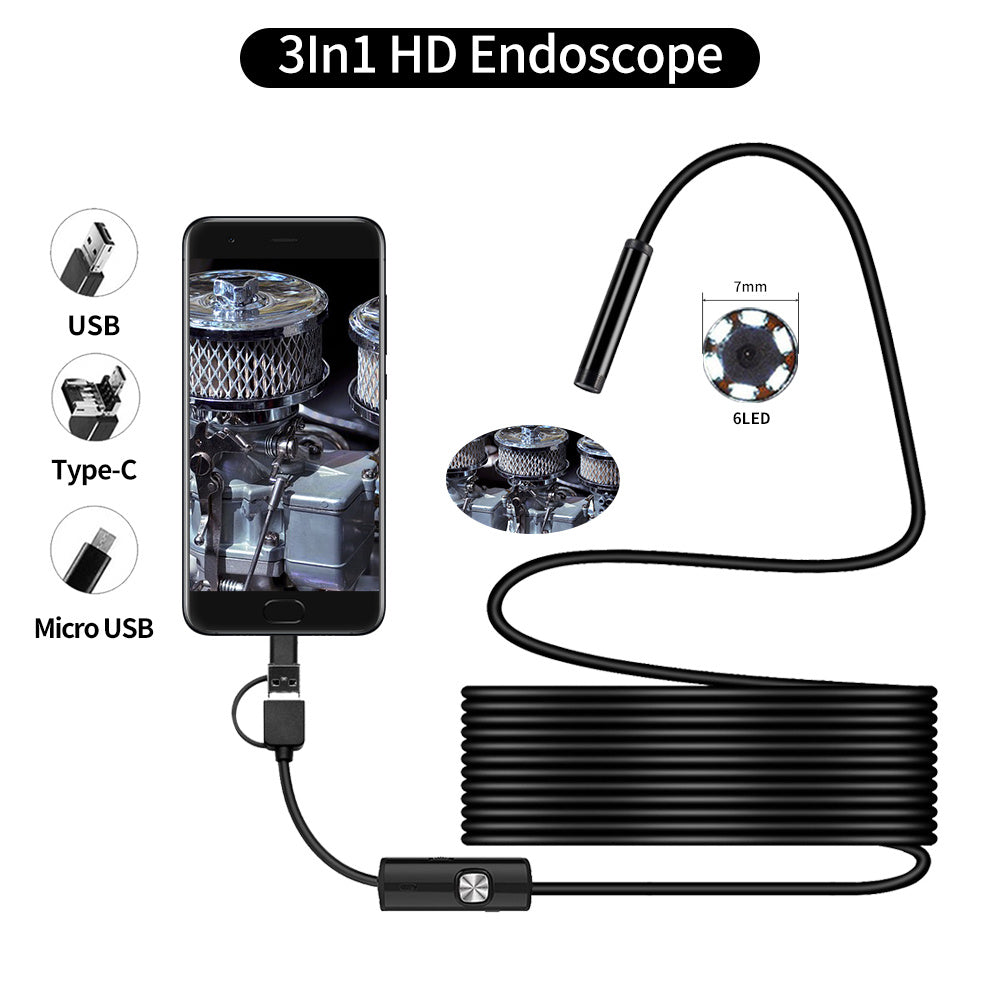 Endoscope 3 In 1 USB Micro USB Type-C Borescope Inspection Camera Waterproof For Smartphone With OTG And UVC PC by Trends Vault