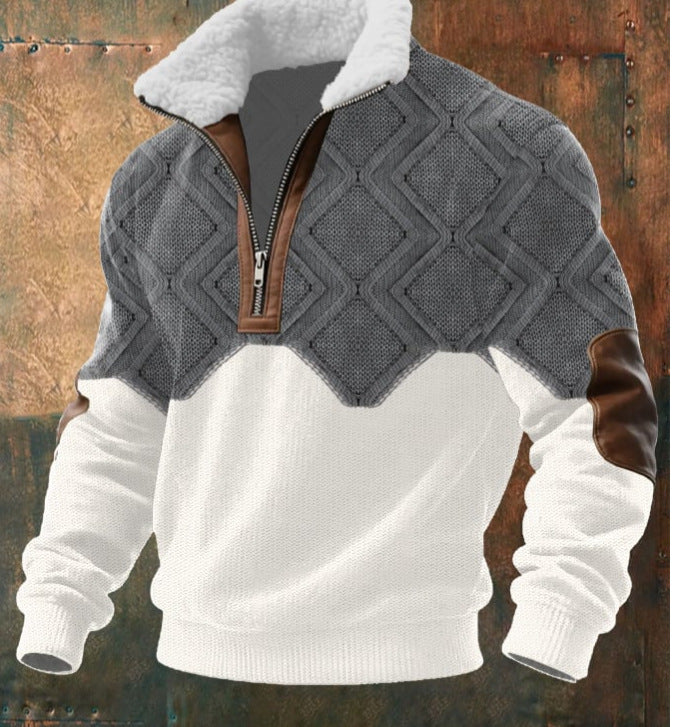 Men's Zipper Casual Suede Collar Digital Print Long Sleeve Top